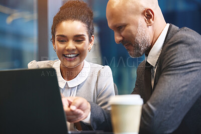Buy stock photo Business people, mentorship and laptop in office for collaboration, brainstorming or proposal in career. Team, colleagues and partnership with coworkers, peer review or feedback as employees at work