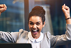 Woman, employee and excited in office with laptop for email with good news on bonus, target and job promotion. Female person, portrait and happy or cheerful for career growth and deal approval