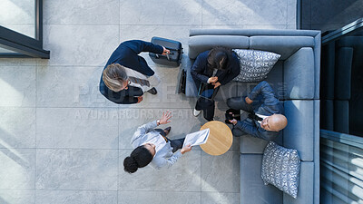 Buy stock photo Business people, above and meeting in building with collaboration, financial pitch with document for strategy. Airport, tax accountant and table teamwork with budget paper for economy in layover