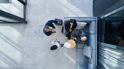 Buy stock photo Business people, above and meeting in office with collaboration, financial pitch with document for strategy. Top view, tax accountant and table teamwork with budget paper for economy in building