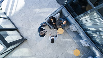 Buy stock photo Meeting, teamwork and business people in office lobby for corporate payroll planning from above. Discussion, collaboration and group of finance advisors for b2b company investment growth in workplace
