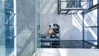 Buy stock photo Business people, above and report in office with collaboration, financial pitch with document for strategy. High angle, tax accountant and table teamwork with budget paper for economy in building