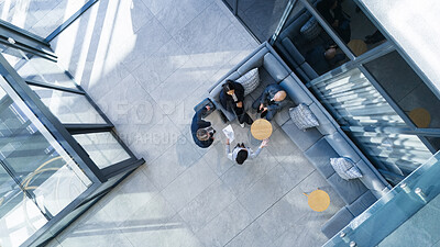Buy stock photo Business people, top view and meeting in building with collaboration, financial pitch with document for strategy. Above, tax accountant and table teamwork with budget paper for economy in office