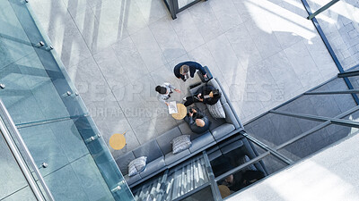 Buy stock photo Business people, above and teamwork in office with collaboration, financial pitch with document for strategy. High angle, tax accountant and table meeting with budget paper for economy in building