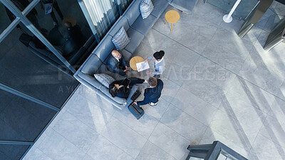 Buy stock photo Business people, above and together in office with collaboration, financial pitch with document for strategy. Top view, tax accountant and table teamwork with budget paper for economy in building