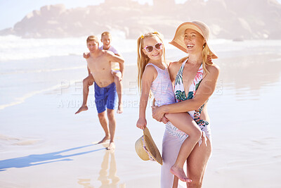 Buy stock photo Holiday, kids and parents on beach with smile, fun and bonding together on outdoor travel adventure. Mom, dad and children on summer island vacation with ocean waves, happy family support or laughing