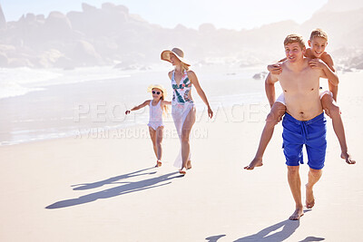 Buy stock photo Holiday, kids and parents on beach with bonding, fun and outdoor travel adventure together. Mom, dad and children walking on summer vacation with ocean, water and happy family play on tropical island