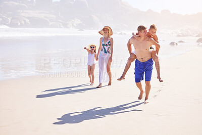Buy stock photo Holiday, kids and parents walking on beach with bonding, fun and outdoor travel adventure together. Mom, dad and children play on summer vacation with ocean, water and happy family on tropical island