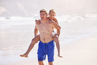 Buy stock photo Beach, dad and son with piggy back, smile or fun holiday for bonding together on travel adventure. Laughing, happy man and playful kid on summer island vacation with tropical ocean, waves and support