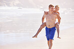Beach, dad and kid with piggy back, smile and fun holiday for bonding together on travel adventure. Mockup, happy man and playful boy on summer island vacation with tropical ocean, waves and support