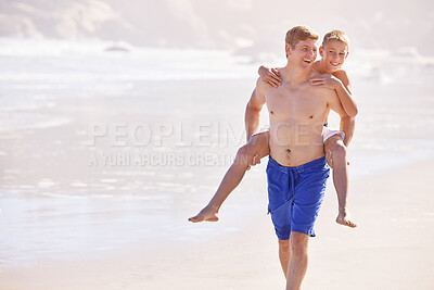 Buy stock photo Beach, dad and kid with piggy back, smile and fun holiday for bonding together on travel adventure. Mockup, happy man and playful boy on summer island vacation with tropical ocean, waves and support