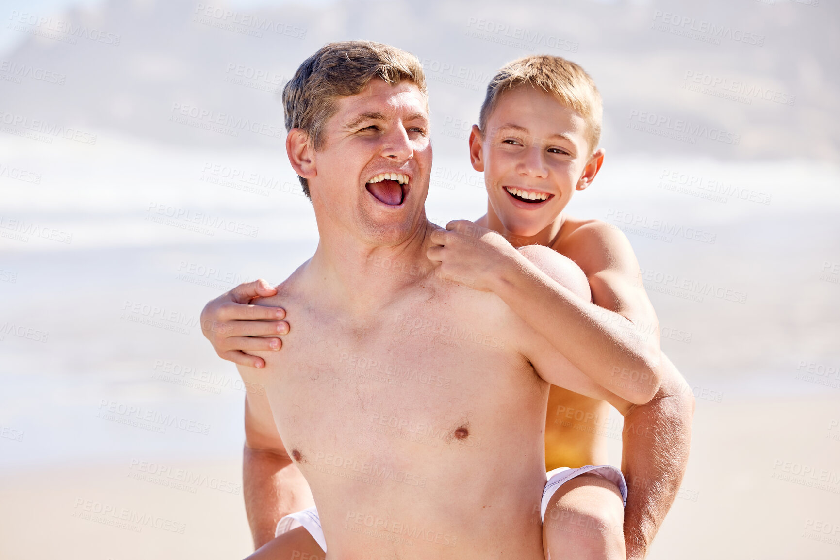 Buy stock photo Beach, dad and child with piggyback, smile and fun holiday for bonding together on outdoor travel adventure. Play, happy man and boy on summer island vacation with tropical ocean, water and support