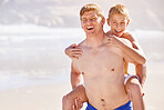 Beach, portrait and family with piggy back, smile and fun holiday for bonding together on travel adventure. Happy, dad and boy child on summer island vacation with tropical ocean, mockup and support