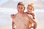 Ocean, portrait and family with piggy back, smile and fun holiday for bonding together on travel adventure. Happy, dad and boy child on summer island vacation with tropical beach, water and support