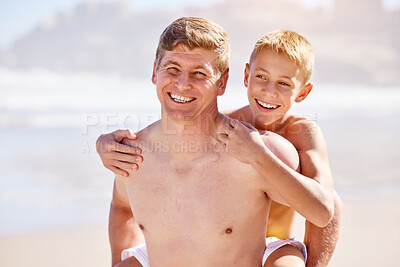 Buy stock photo Ocean, portrait and family with piggy back, smile and fun holiday for bonding together on travel adventure. Happy, dad and boy child on summer island vacation with tropical beach, water and support