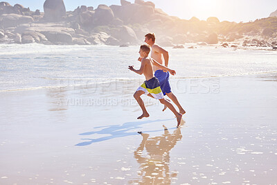 Buy stock photo Waves, kid and dad running on beach with fun, travel and bonding together on tropical holiday adventure. Water, father and son play on summer island vacation with ocean, outdoor race and happy family