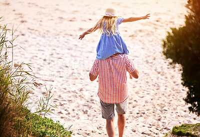 Buy stock photo Father, girl and airplane on shoulders at beach with care, bonding and love for walk on vacation. Man, dad and child with plane, flight and piggy back for games, connection and outdoor in sunshine