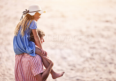 Buy stock photo Happy, shoulders and dad with girl at beach on holiday, vacation and adventure together. Family, playing and child with father by ocean for bonding, loving relationship and fun outdoors in Australia