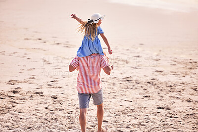 Buy stock photo Father, daughter and plane on shoulders at beach with care, bonding and love for walk on vacation. Man, dad and girl with airplane, flight and piggy back for games, connection and playful in sunshine