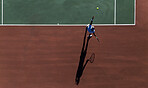 Person, playing and top view of tennis court with serve, practice and training for tournament with space. Athlete, workout and activity with racket sport for skill development, competition and match.