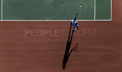 Buy stock photo Person, playing and top view of tennis court with serve, practice and training for tournament with space. Athlete, workout and activity with racket sport for skill development, competition and match.