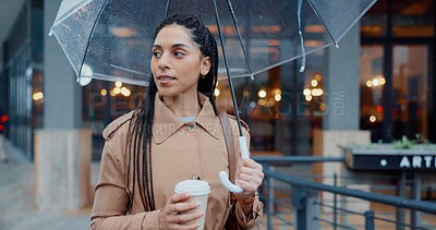 Buy stock photo City, businesswoman or thinking with umbrella or coffee in rainy weather for commute and travel to work. Ideas, winter or professional employee on street walking with thoughts or tea beverage in town