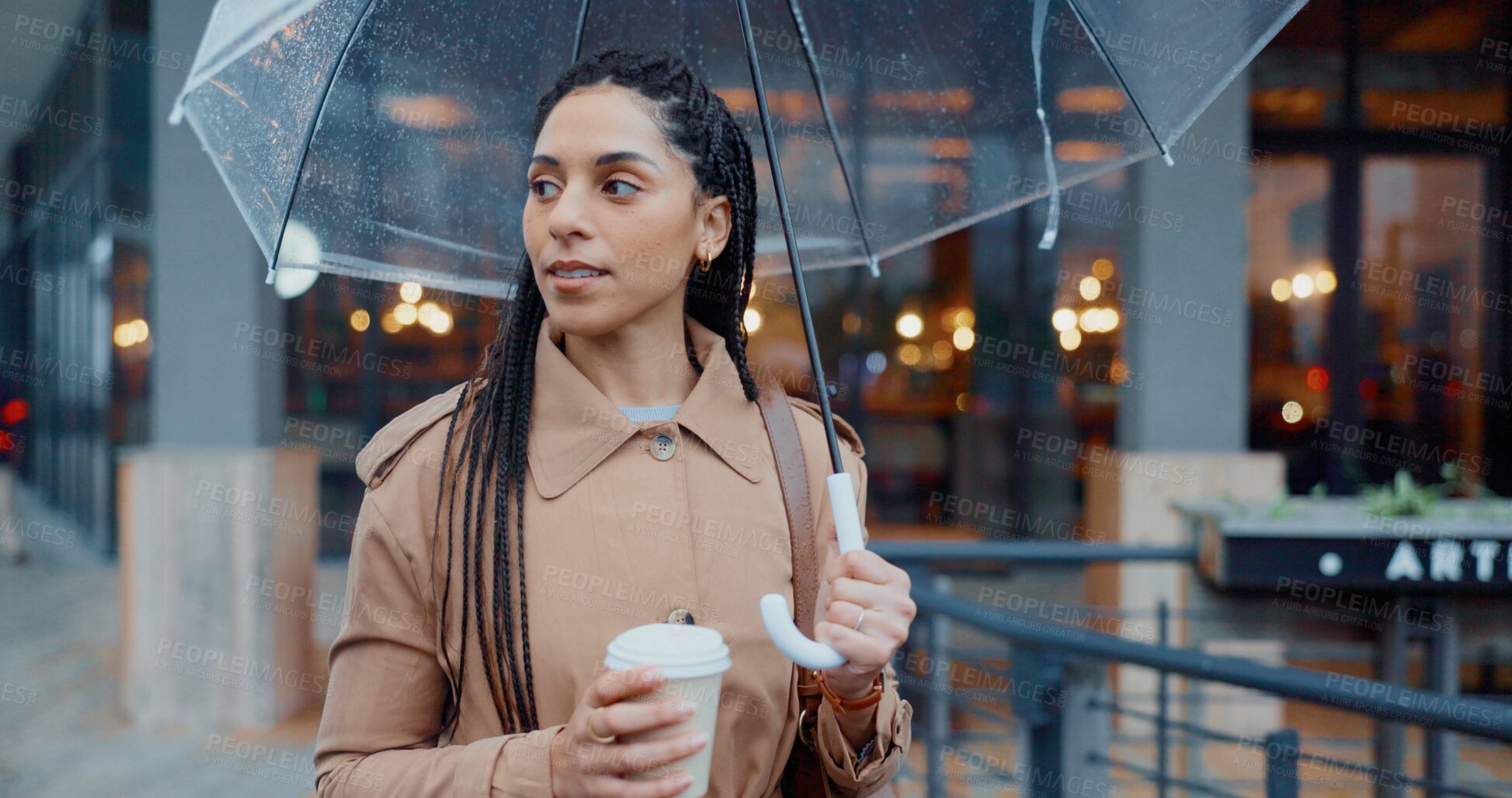 Buy stock photo City, businesswoman or thinking with umbrella or coffee in rainy weather for commute and travel to work. Ideas, winter or professional employee on street walking with thoughts or tea beverage in town