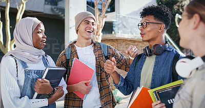 Buy stock photo Learners, university and outdoor on campus for conversation, talking and share knowledge on module. People, friends and outside for group project discussion, study and together for college gossip