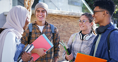 Buy stock photo Students, university and outdoor on campus for conversation, talking and share knowledge on module. People, friends and outside for group project discussion, study and together for college gossip