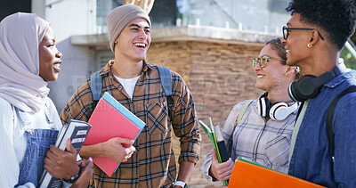 Buy stock photo Students, happy and books at university for education, diversity and friendship on campus. People, learners and smile outdoors for discussion, storytelling and talk on future career on class break