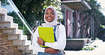 University, Muslim and portrait of woman on campus with smile, backpack or study opportunity in education. Culture, equality and happy college student in hijab on morning commute to learn in Rwanda
