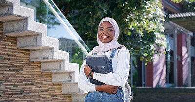 Buy stock photo Islam, campus and portrait of woman with smile, backpack and study opportunity in education. Muslim culture, equality and happy college student in hijab on morning commute for learning in Rwanda