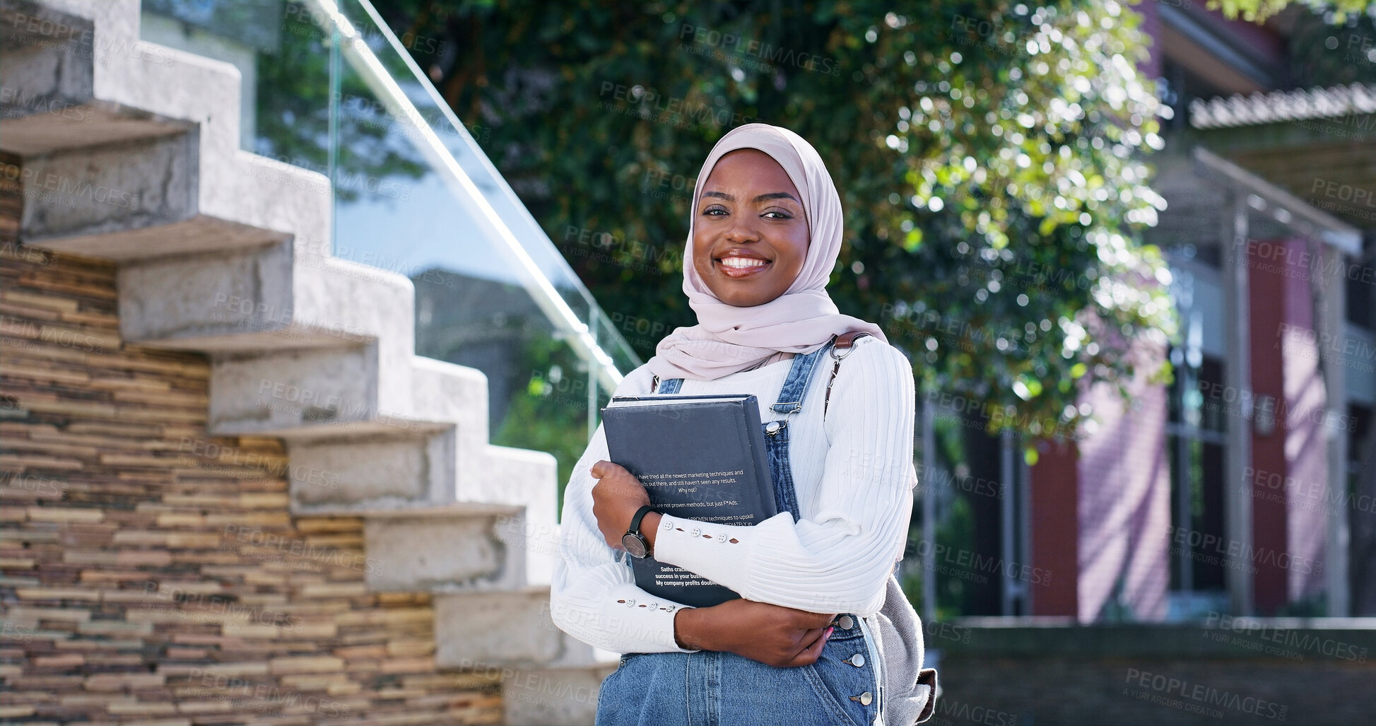 Buy stock photo Islam, campus and portrait of woman with smile, backpack and study opportunity in education. Muslim culture, equality and happy college student in hijab on morning commute for learning in Rwanda