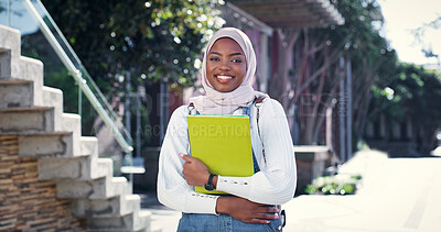 Buy stock photo Muslim, portrait or college student in commute to class for learning, future or studying in university. Travel, start or happy black woman with book or confidence for school, education or scholarship