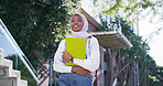 University, campus and woman in hijab with smile, backpack and study opportunity in education. Islamic culture, equality and happy Muslim college student on morning commute for learning in Rwanda