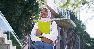 Buy stock photo University, campus and black woman in hijab with smile, backpack and study opportunity in education. Islamic culture, equality and happy Muslim college student on morning commute to learn in Rwanda