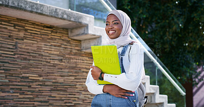 Buy stock photo College, walking and woman in hijab with smile, backpack and Islamic study opportunity in education. Muslim culture, campus and happy university student on morning commute for learning in Rwanda