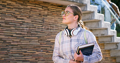Buy stock photo Woman, morning commute or college student thinking of class for learning, future or study in university campus. Ideas, leaving or learner with book or confidence for school, education or scholarship