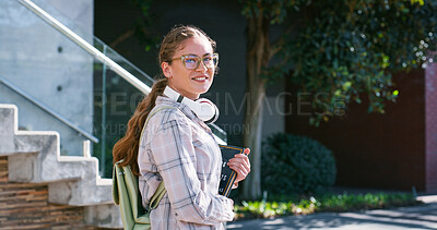 Buy stock photo Portrait of happy woman, commute or college student walking to class for learning or study in university campus. Travel, gen z or girl with book or opportunity for school, education or scholarship