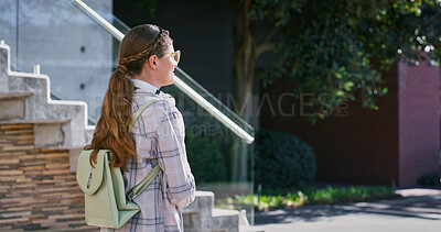 Buy stock photo Back of woman, morning or college student walking to class for learning, future or study in university campus. Travel, leaving or girl with bag or opportunity for school, education or scholarship