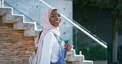 Buy stock photo College, campus and portrait of Muslim woman with smile, backpack and study opportunity in education. Culture, equality and happy university student in hijab on morning commute for learning in Rwanda