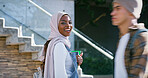 University, campus and portrait of Islamic woman with smile, backpack and study opportunity in education. Muslim, culture and happy college student in hijab on morning commute for learning in Rwanda
