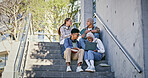Group, education and studying in campus, laptop and collaboration for research and communication with friends. Happy, online and outdoor at college, students and people with smile, stairs or backpack
