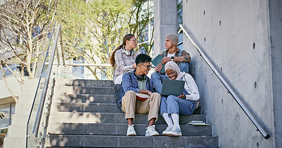 Buy stock photo Group, education and studying on campus steps, laptop and collaboration for research and communication with friends. Happy, online and outdoor at college, student people smile on stairs or backpack