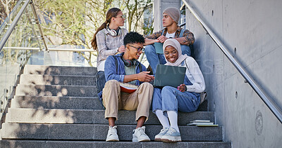 Buy stock photo Group, education and learning on campus, laptop and collaboration for research and communication with friends. Happy, online and outdoor at college, students and people with smile, stairs or backpack
