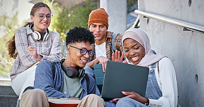 Buy stock photo Group, education and studying in campus, video call and wave for contact and communication with friends. Laptop, greeting and outdoor at college, students and people with smile, stairs and backpack