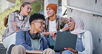 Buy stock photo Group, education and laughing in campus, laptop and collaboration for research and communication with friends. Happy, online and outdoor at college, students and people with smile, stairs or backpack