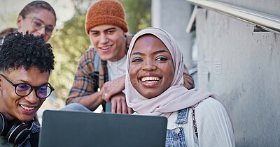 Buy stock photo Group, education and portrait on campus, laptop and collaboration for research and communication with friends. Happy, online and outdoor at college, students and people with smile, learning and app