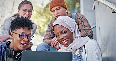 Buy stock photo Group, education and laughing on campus, laptop and collaboration for research and communication with friends. Funny, online and outdoor at college, students and people with smile, learning and joke