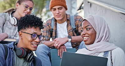 Buy stock photo Group, reading and happy on campus, laptop and collaboration for education or communication with friends. Conversation, online and outdoor at college, students and people with smile, learning or idea